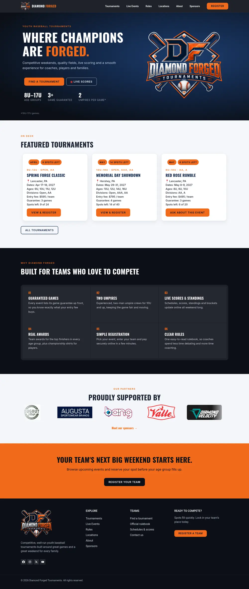 Full-page screenshot of the Diamond Forged Tournaments website
