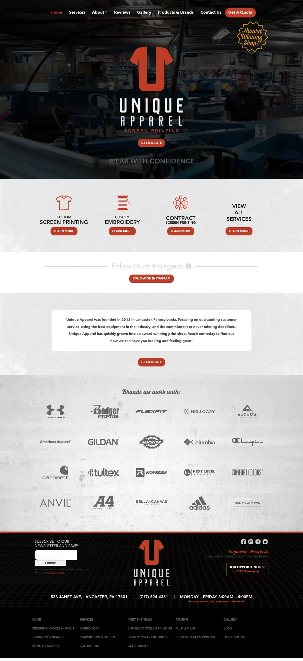 Full-page screenshot of the Unique Apparel website
